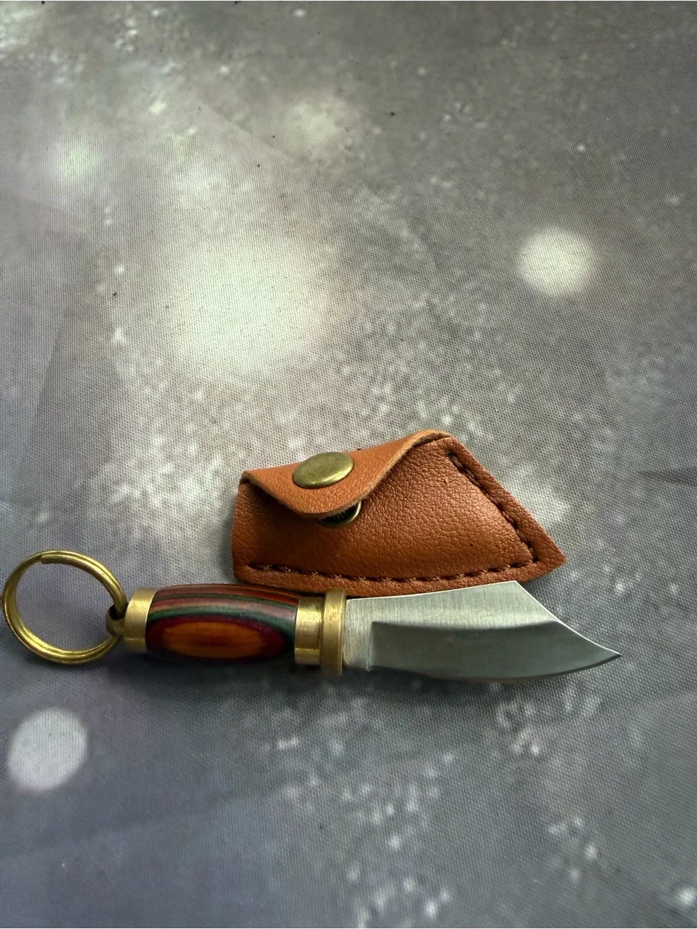 Multicolor Wooden Handle Keychain Knife with Brown Leather Sheath
